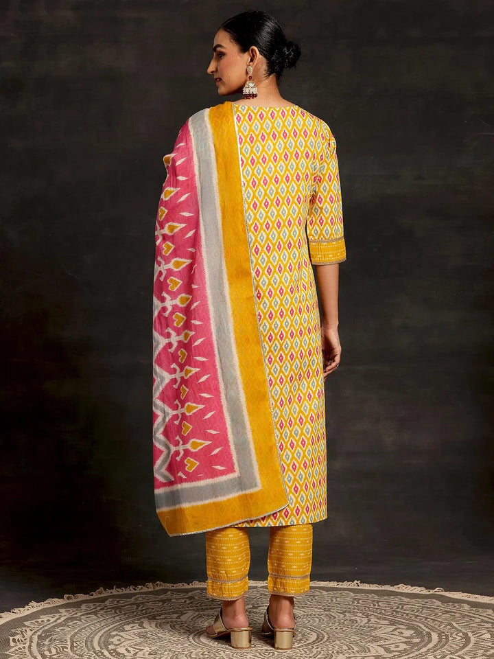Mustard Printed Cotton Straight Suit With Dupatta - Libas
