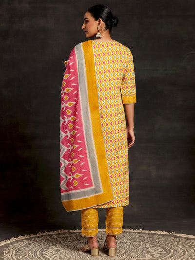 Mustard Printed Cotton Straight Suit With Dupatta - Libas