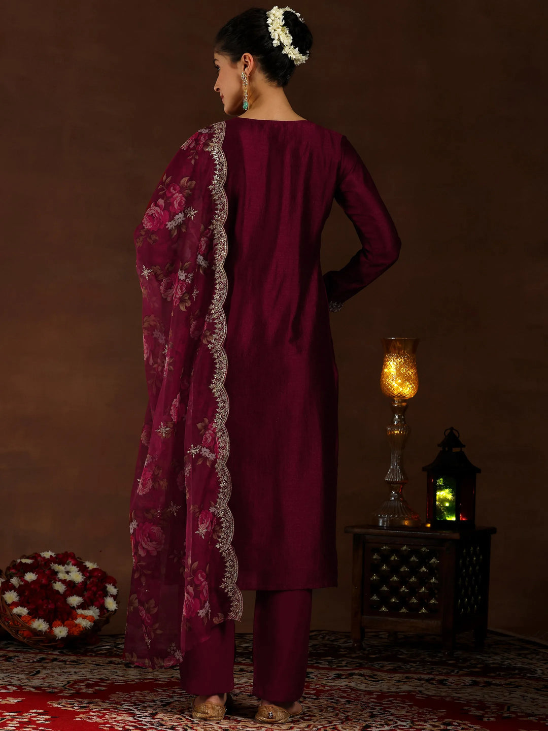  Maroon Embroidered Silk Blend Straight Suit With Dupatta 