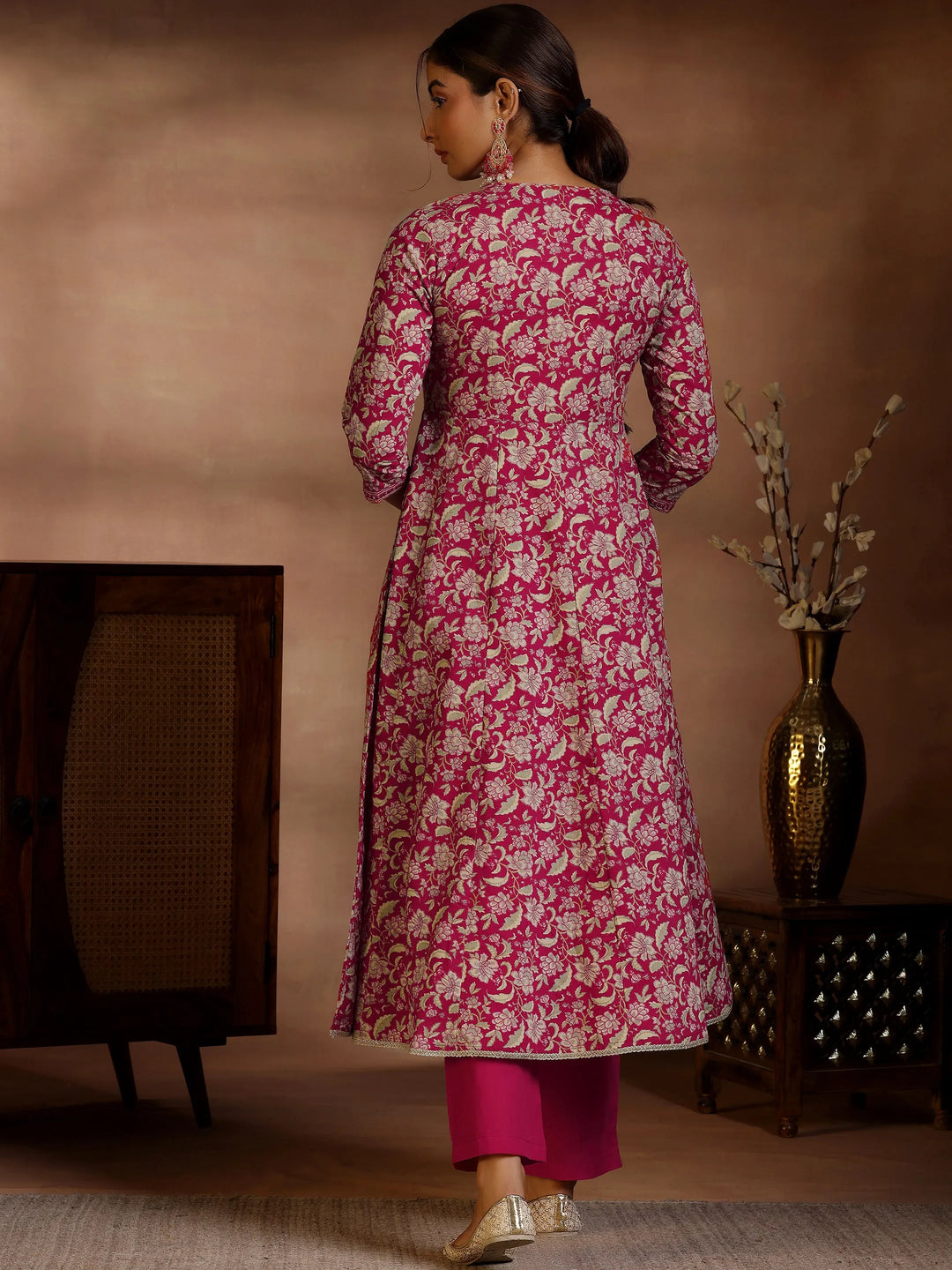  Pink Printed Cotton Anarkali Kurta Set 