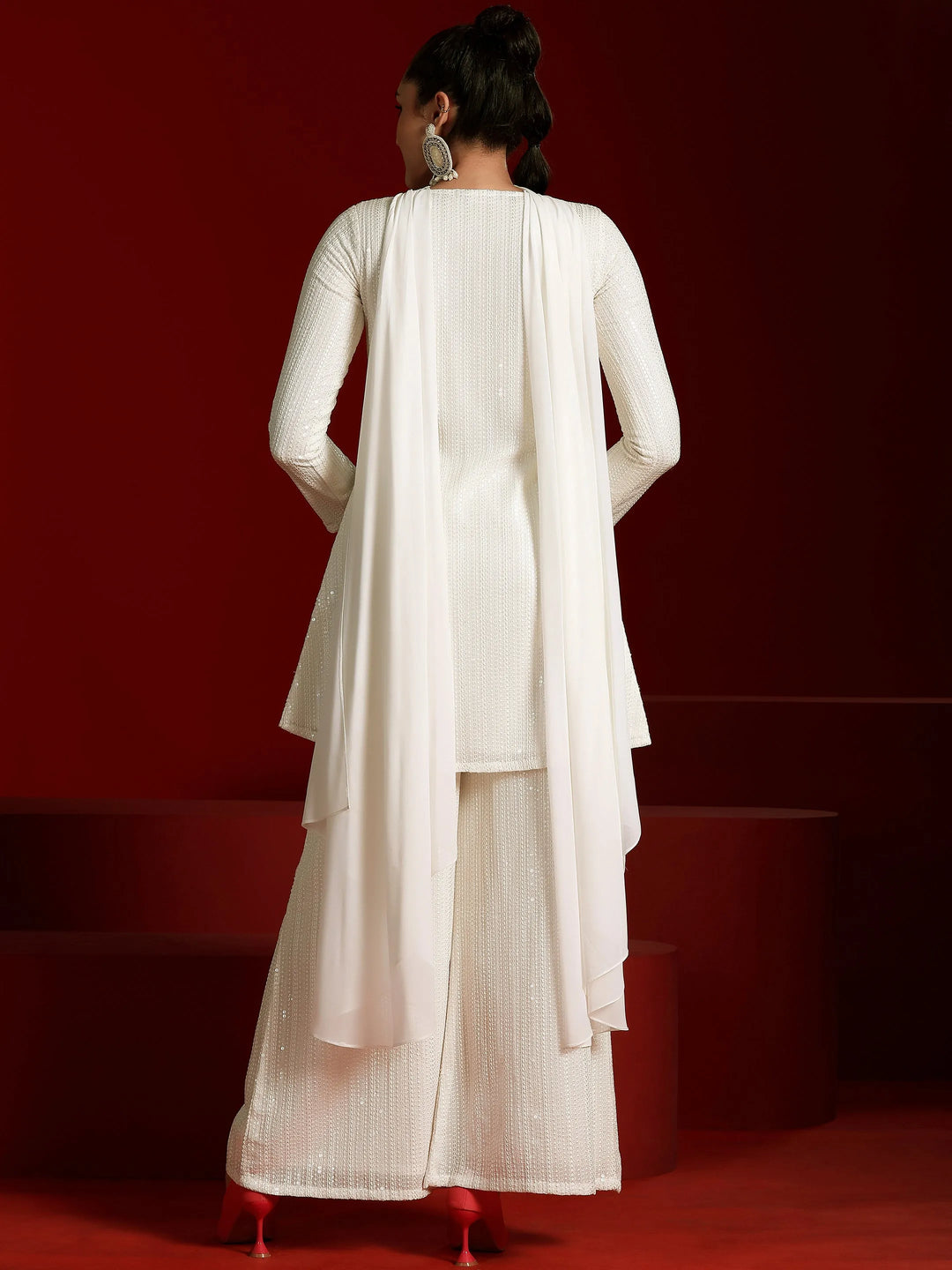  Libas Art Off White Embroidered Georgette A-Line Kurta With Palazzos & Dupatta 