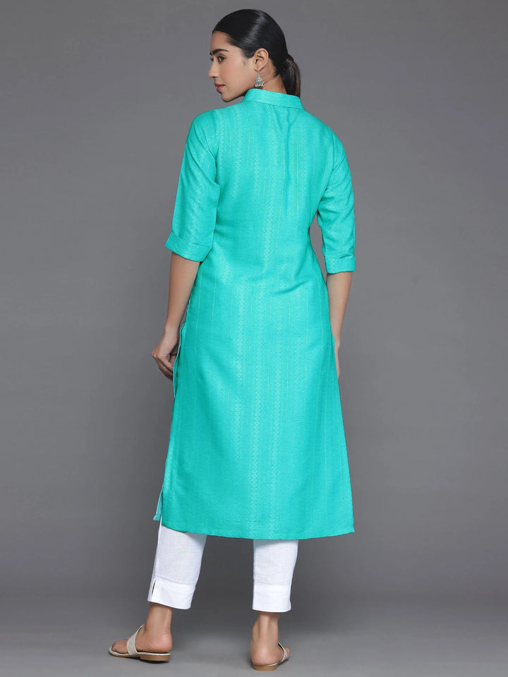 Blue Woven Design Cotton Straight Kurta - Libas
