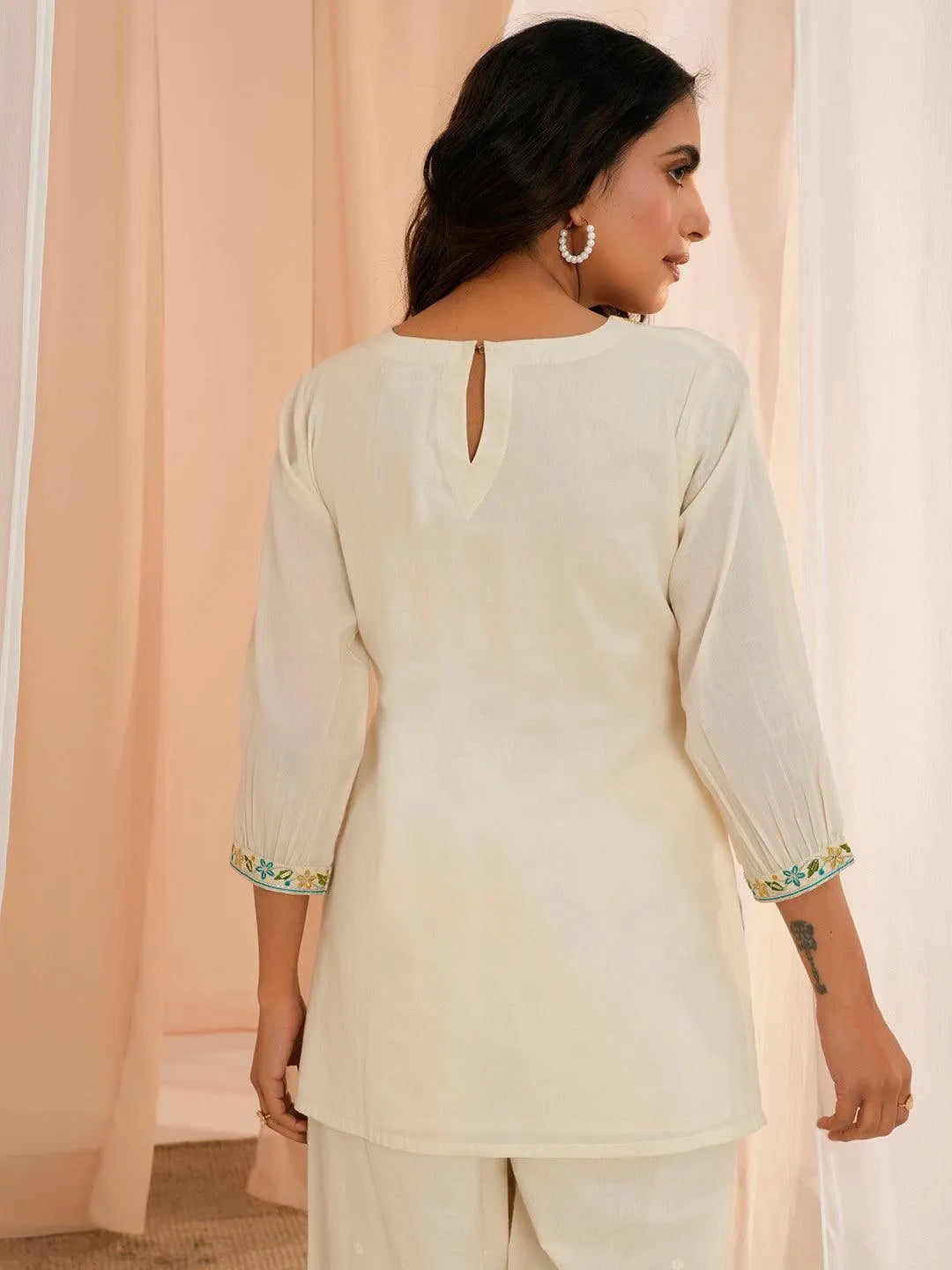 Off White Yoke Design Cotton Straight Kurti - Libas 