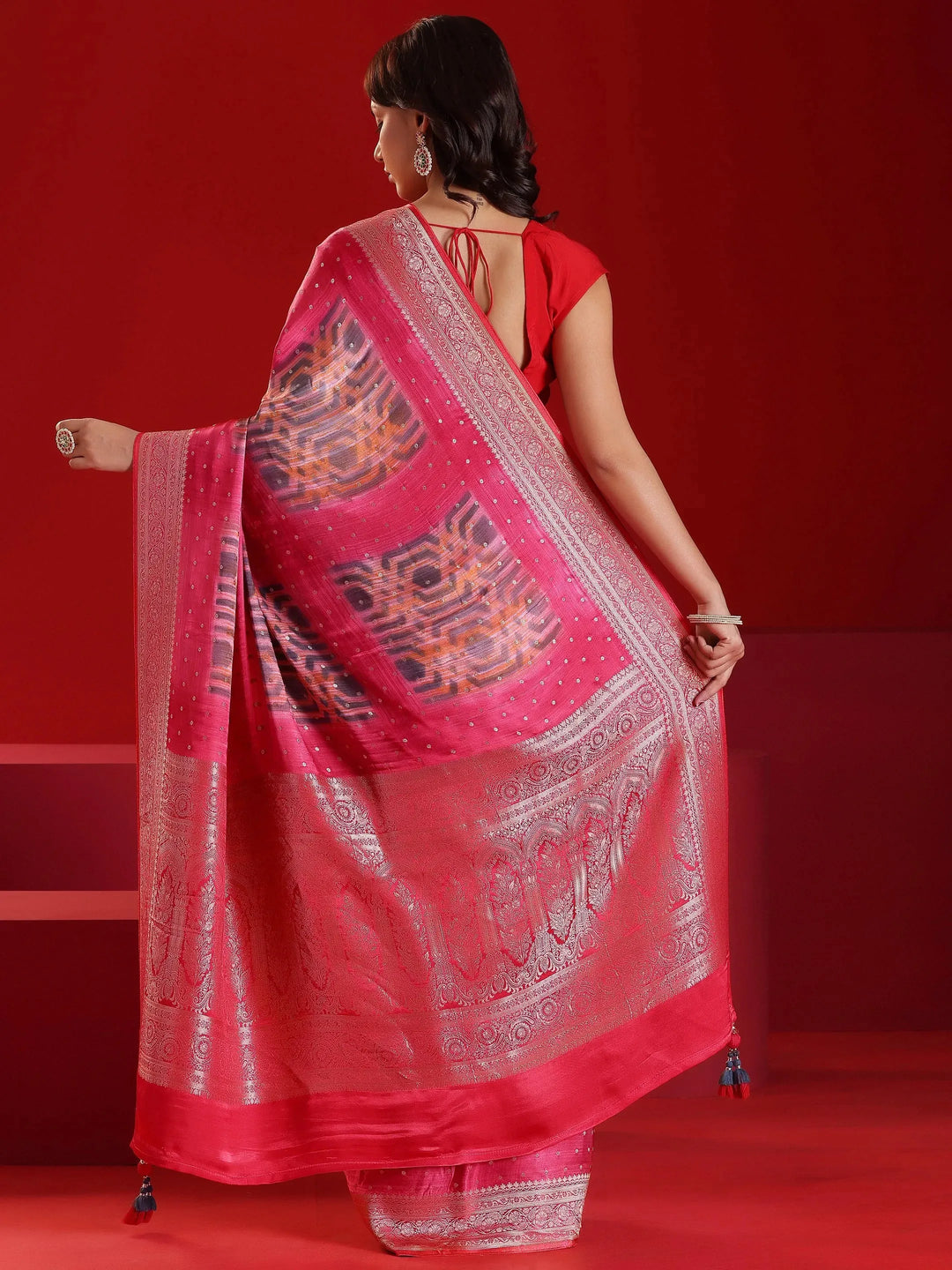  Libas Art Red Printed Satin Saree With Unstitched  Blouse Piece 