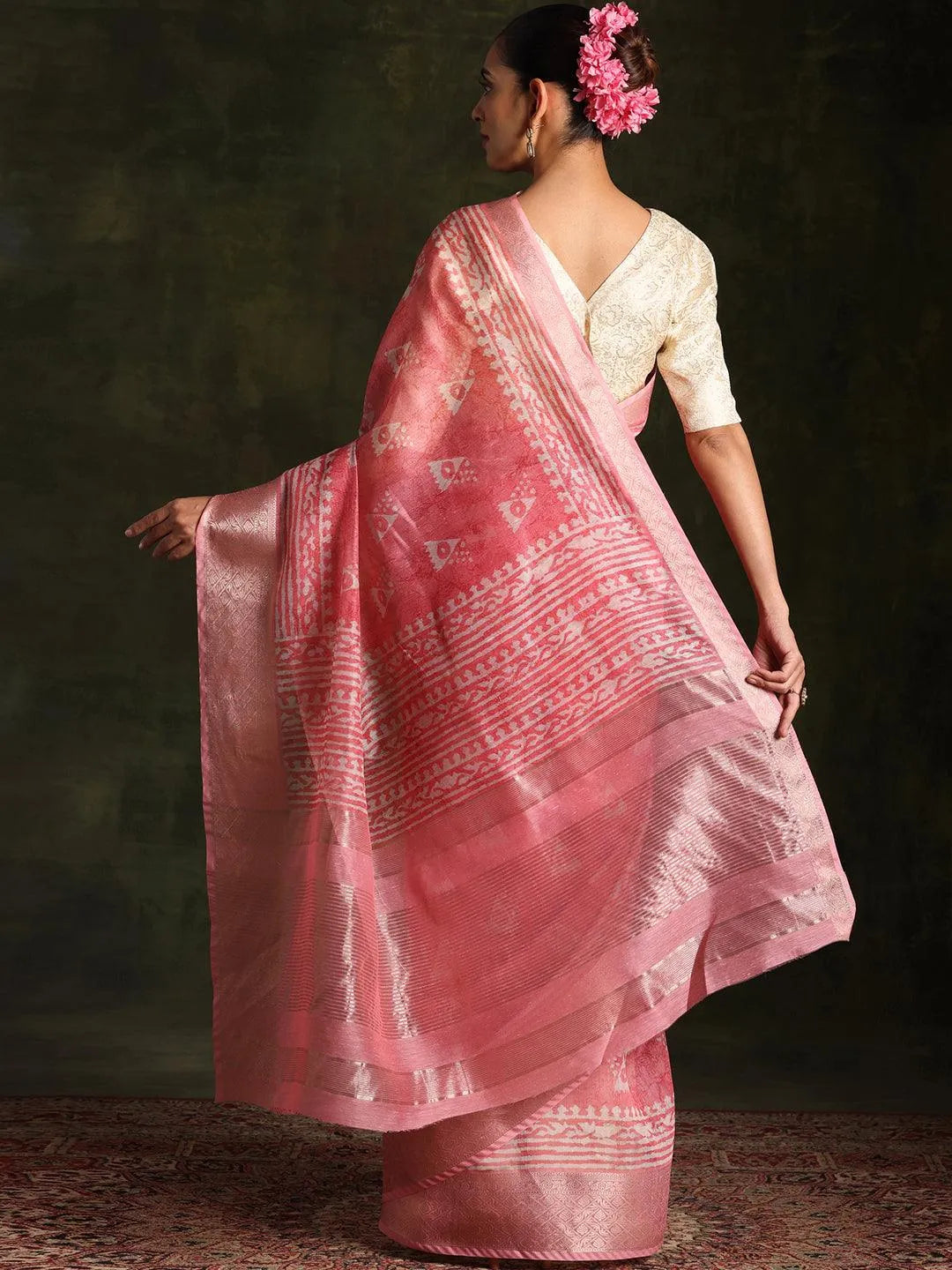 Pink Printed Silk Blend Saree With Unstitched Blouse Piece - Libas