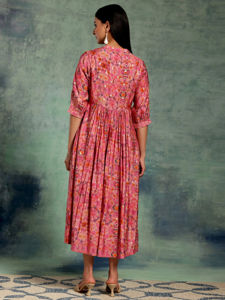 Pink Printed Silk Fit and Flare Dress - Libas