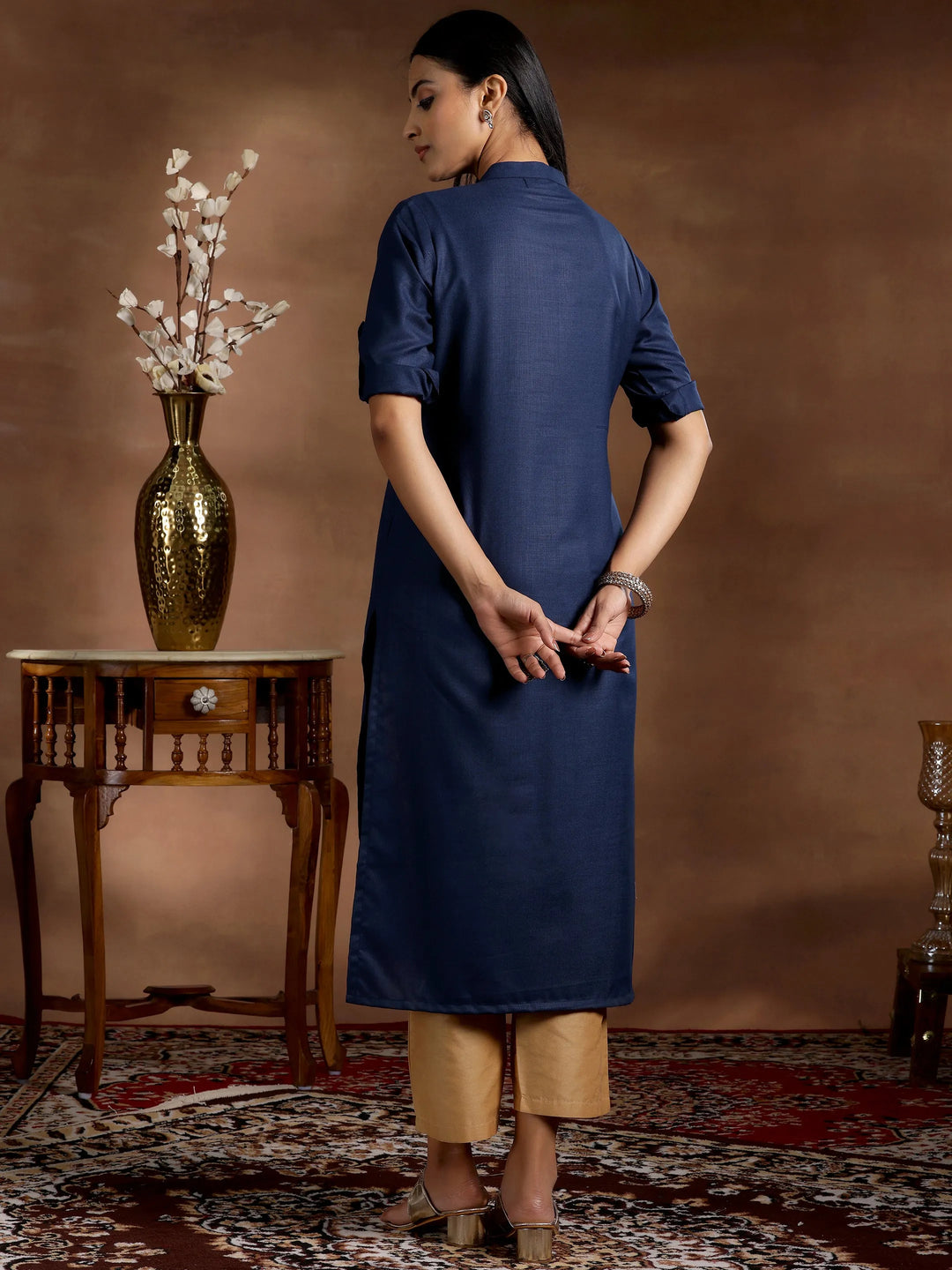  Blue Solid Cotton Blend Straight Kurta 