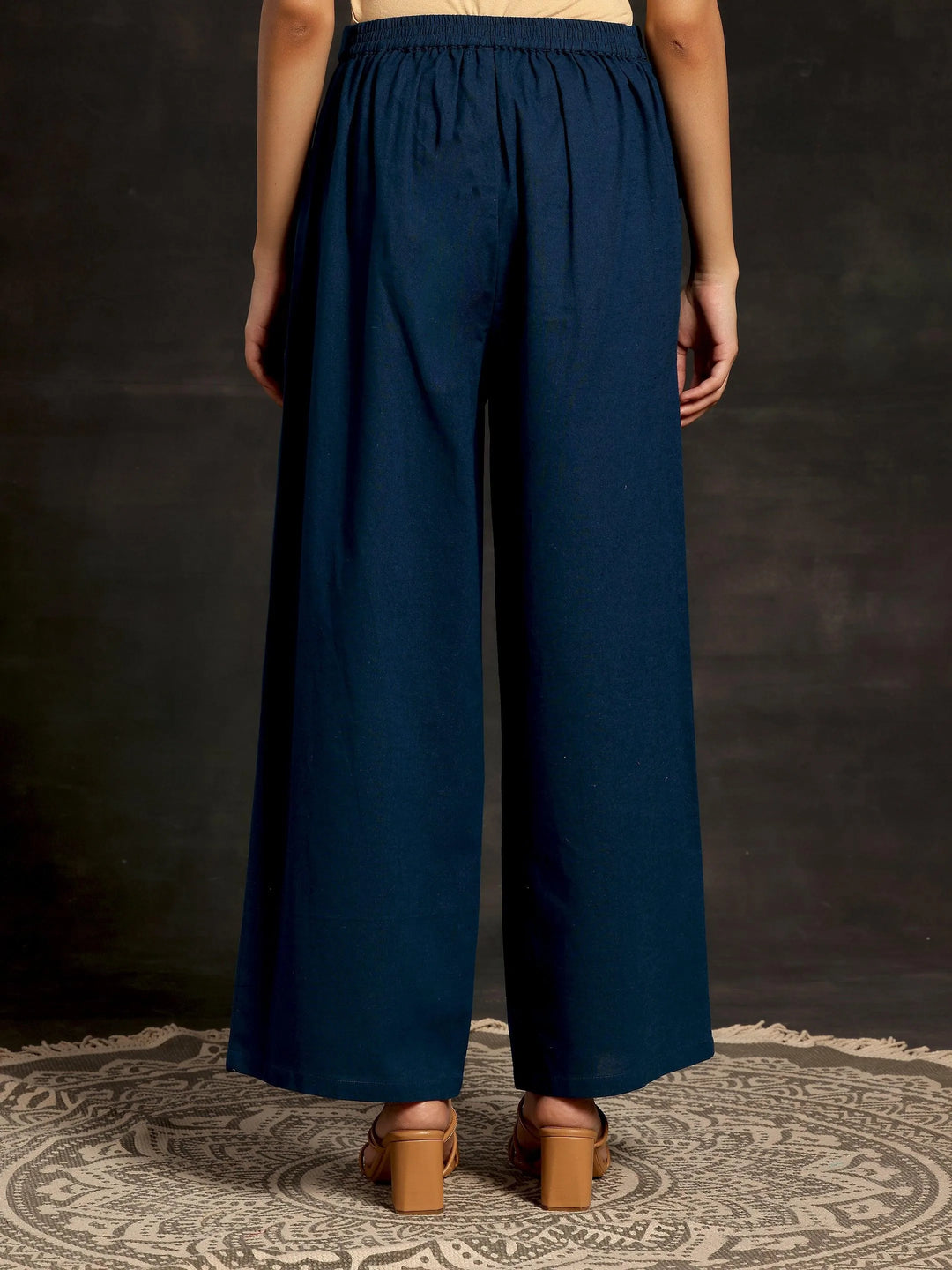 Teal Solid Cotton Palazzos - Libas 