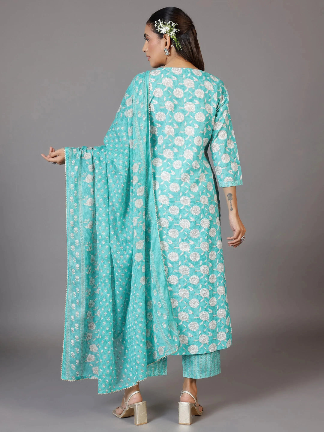  Turquoise Printed Cotton Straight Suit With Dupatta 