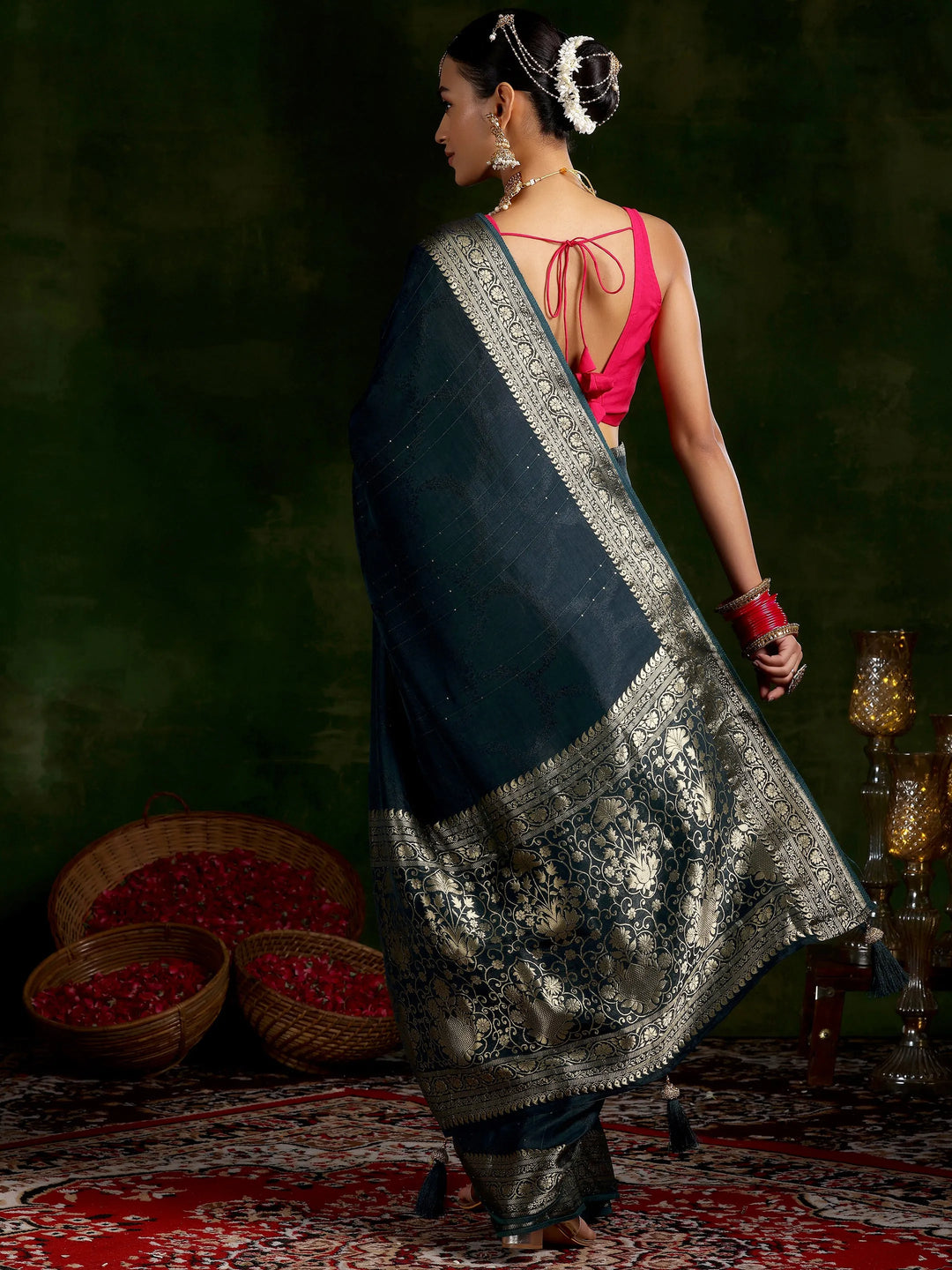  Teal Woven Design Silk Blend Saree With Unstitched Blouse Piece 