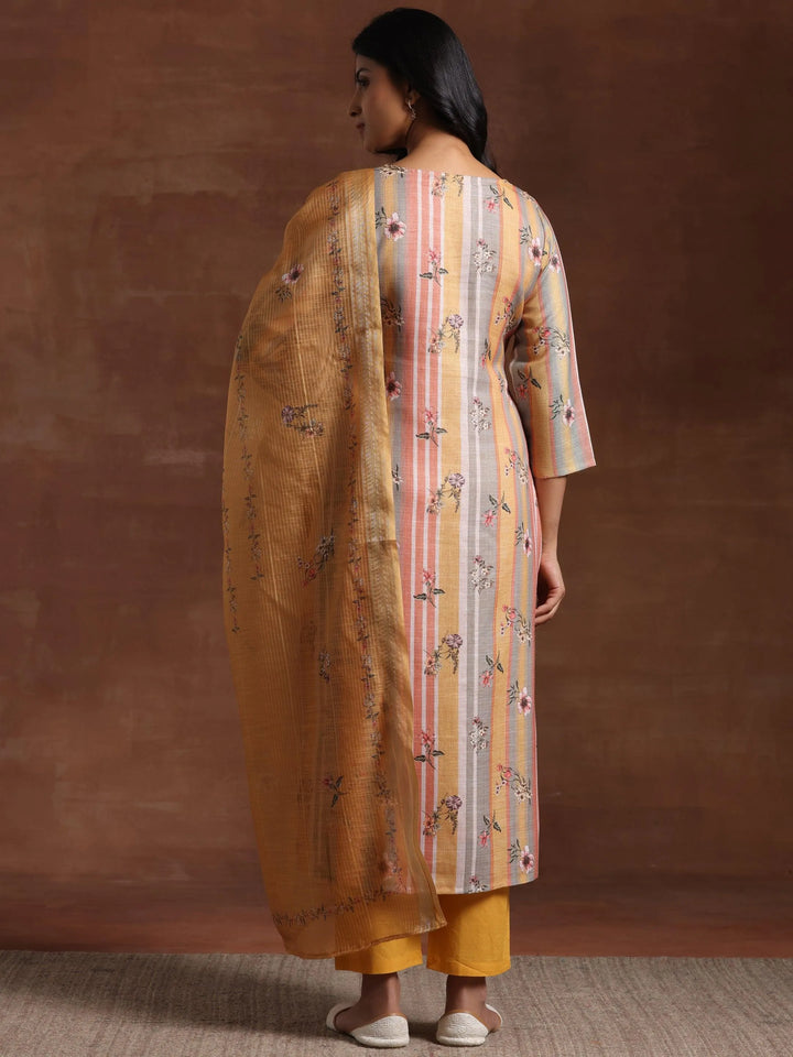 Mustard Striped Cotton Straight Suit With Dupatta - Libas
