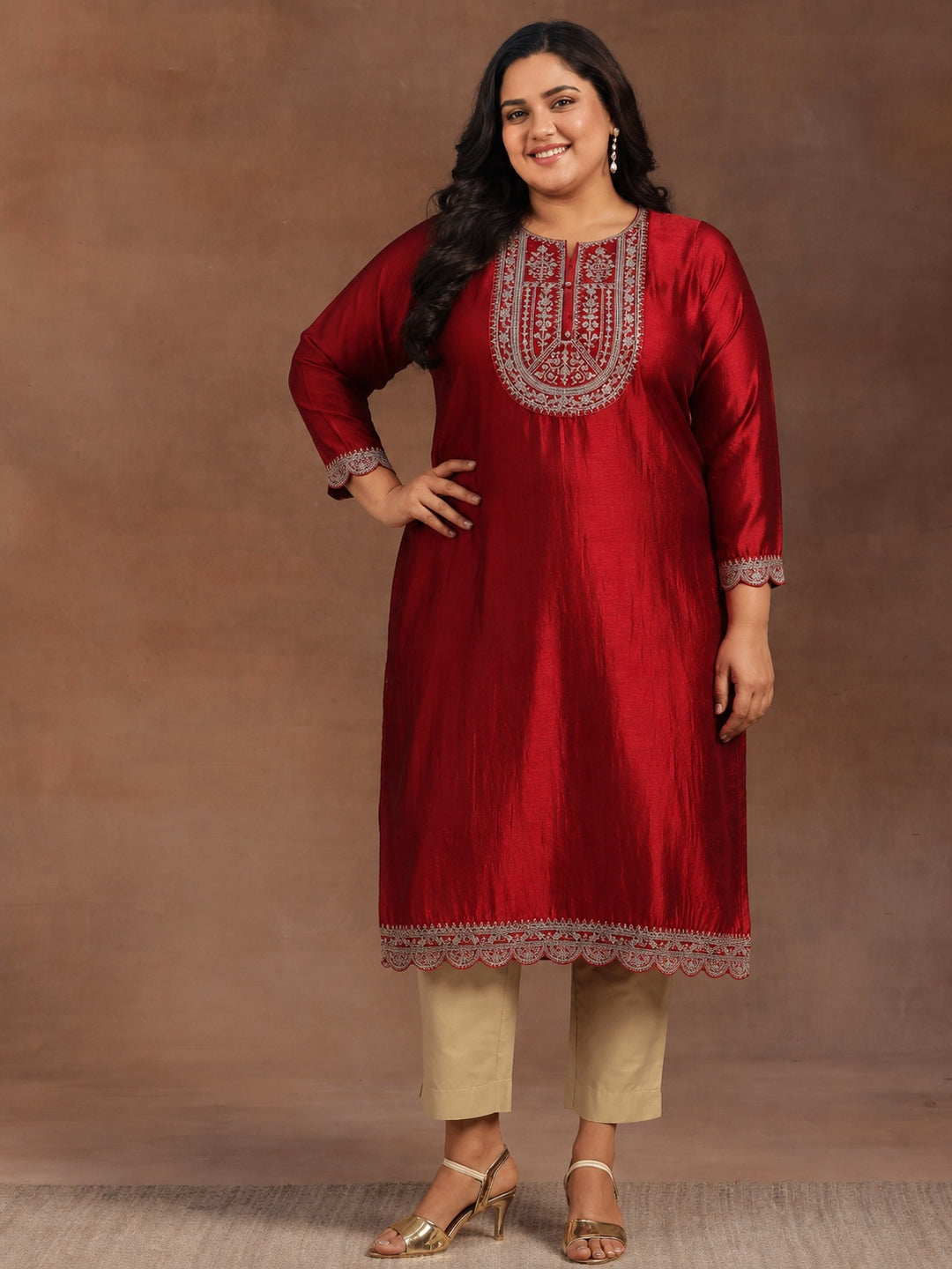  Plus Size Maroon Embroidered Silk Straight Kurta 