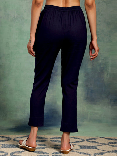 Navy Blue Solid Cotton Straight Fit Trousers - Libas
