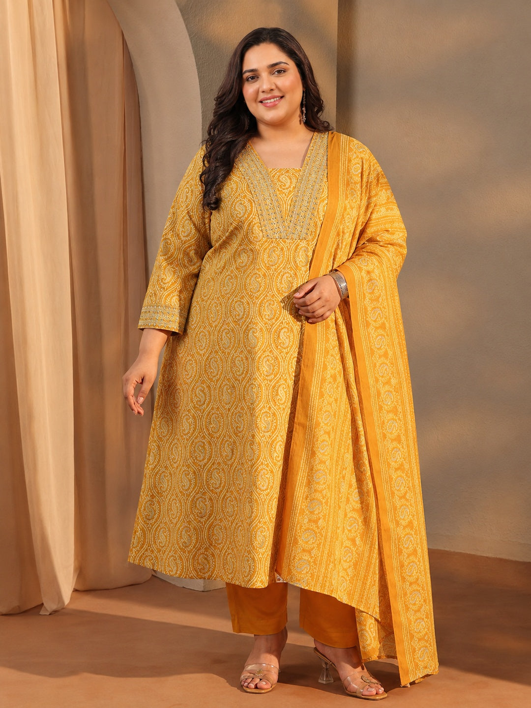libas Plus Size Mustard Paisley Printed Cotton Blend Anarkali Suit Set-picture-31