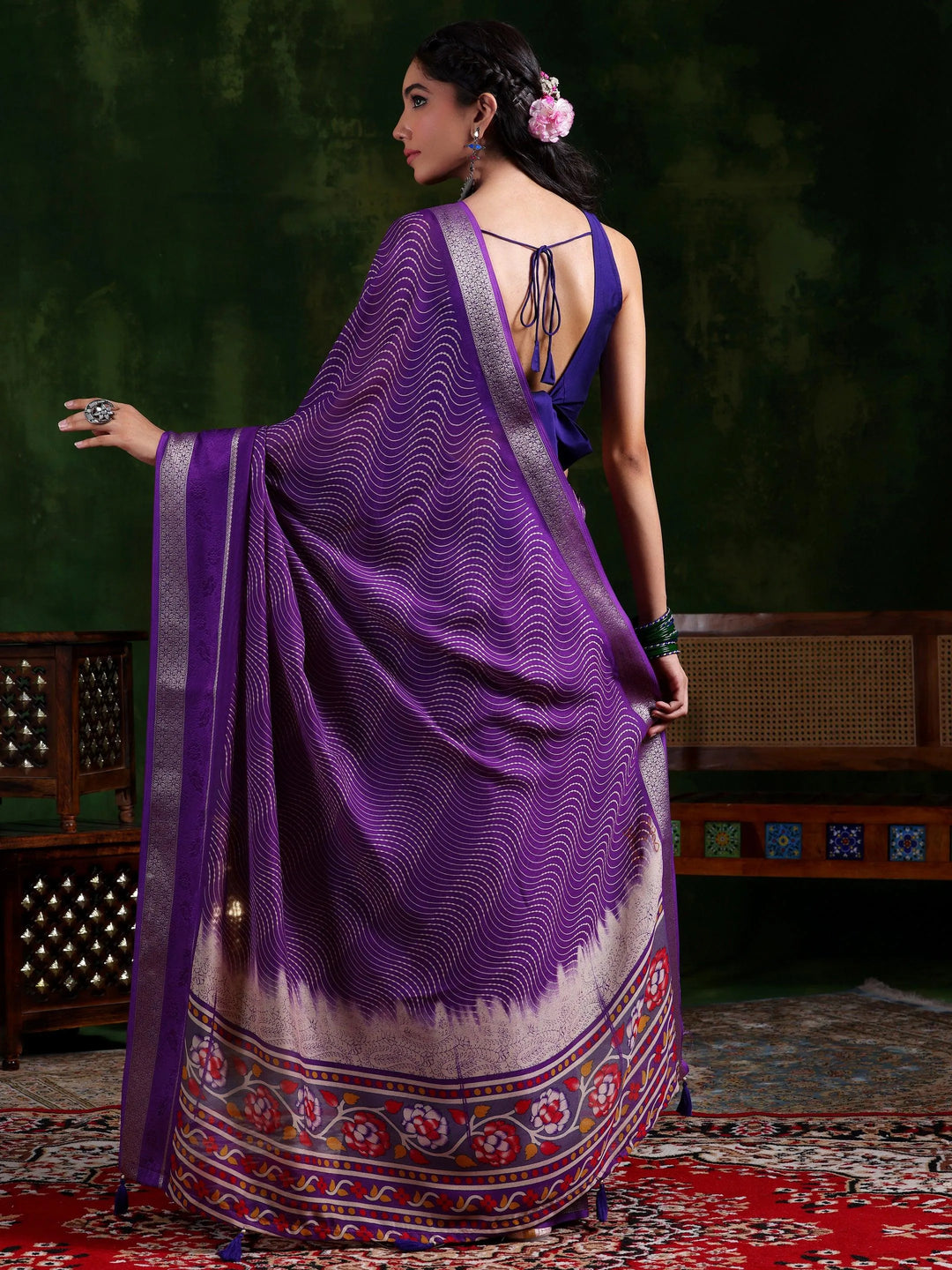 Purple Printed Silk Blend Saree With Unstitched Blouse Piece - Libas 