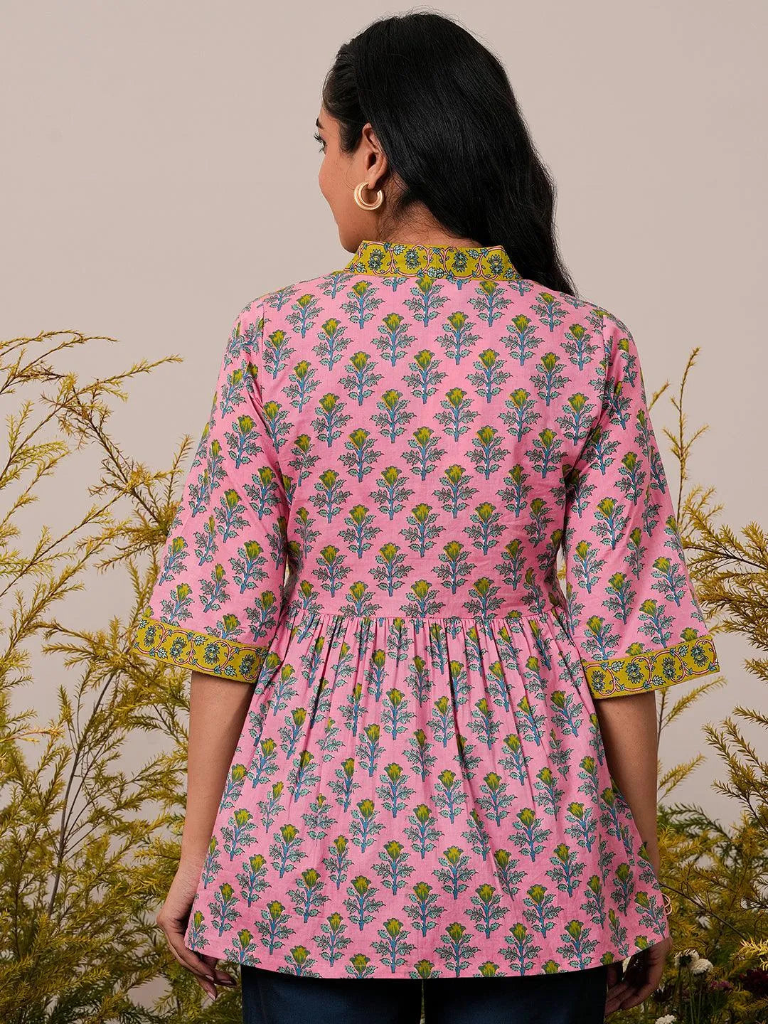 Pink Printed Cotton A-Line Kurti - Libas 
