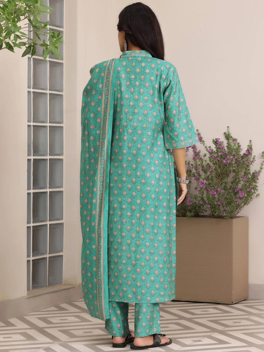  Blue Printed Silk Blend Straight Suit With Dupatta 
