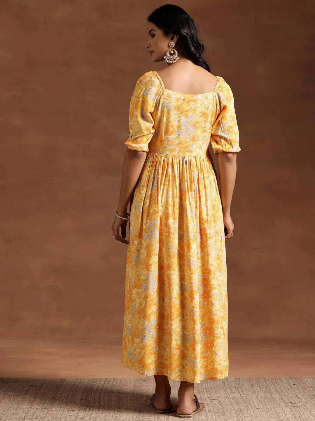 Yellow Printed Rayon Fit and Flare Dress - Libas 