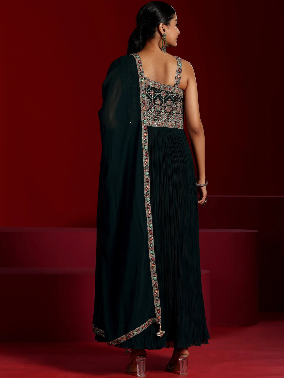  Libas Art Blue Embroidered Georgette A-Line Kurta With Trousers & Dupatta 