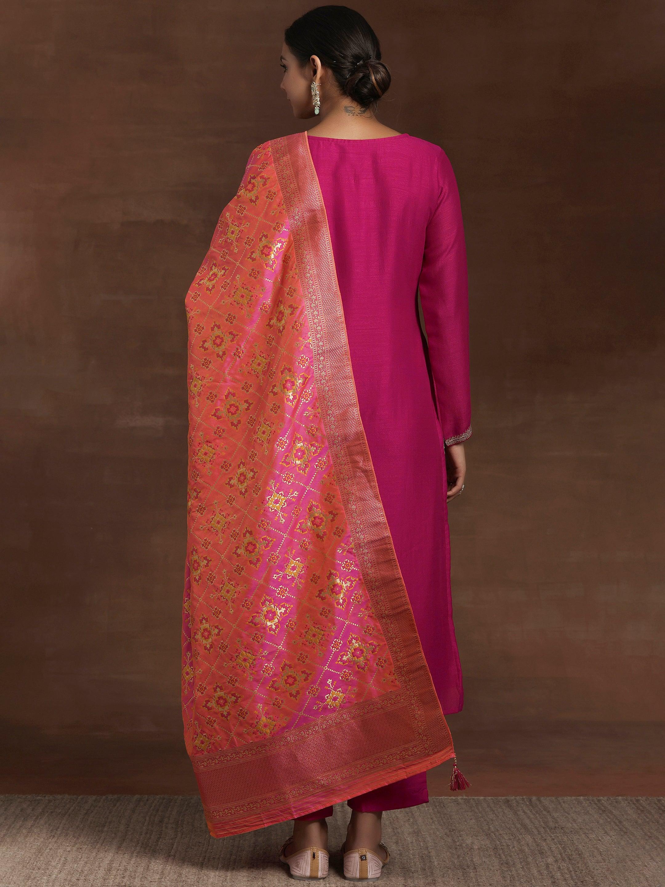 Pink Embroidered Silk Blend Straight Suit With Dupatta