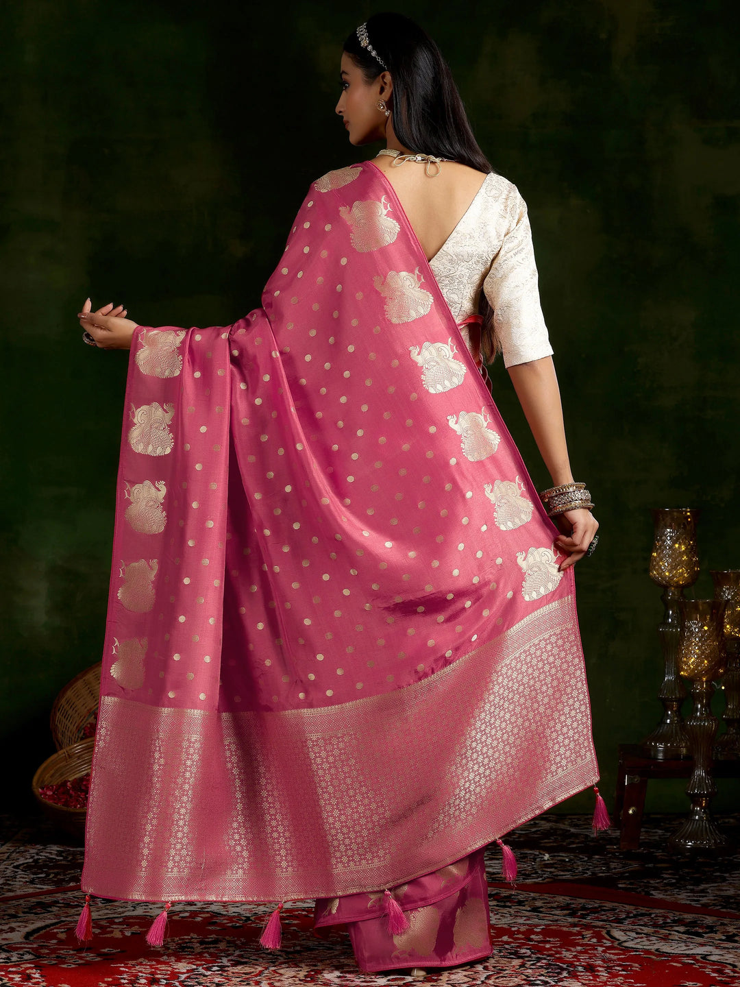  Pink Woven Design Silk Blend Saree With Unstitched Blouse Piece 