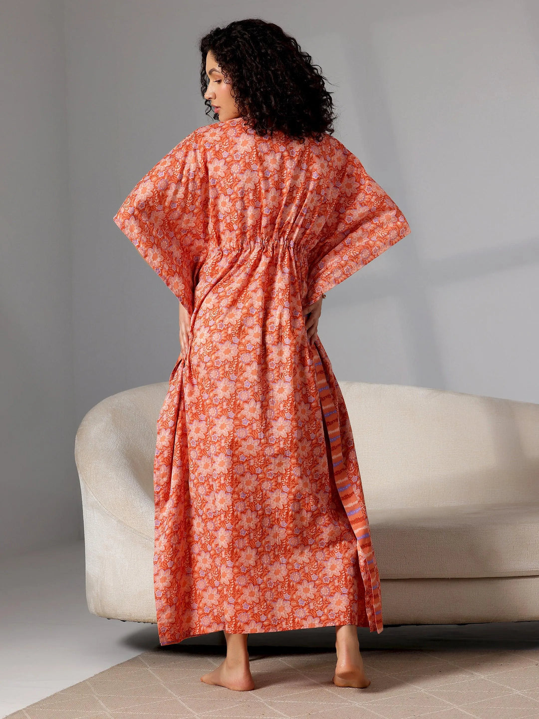 Orange Printed Cotton Kaftan Night Dress - Libas