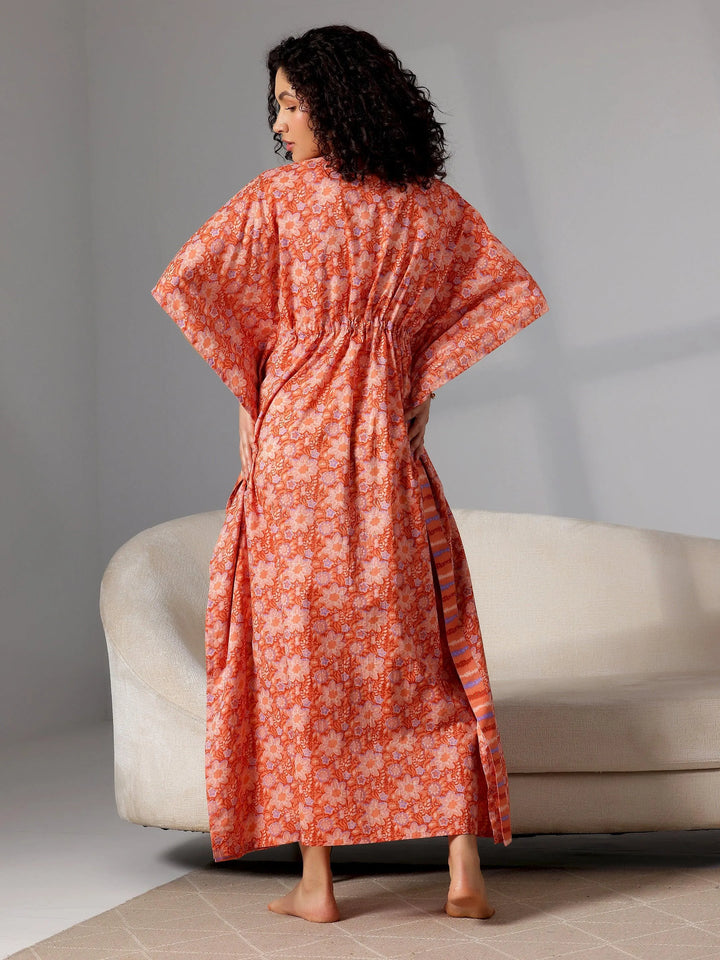 Orange Printed Cotton Kaftan Night Dress - Libas