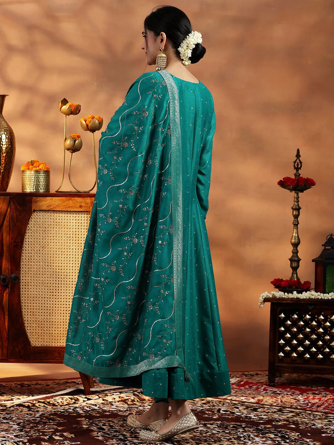  Rama Green Embroidered Silk Blend Anarkali Suit With Dupatta 
