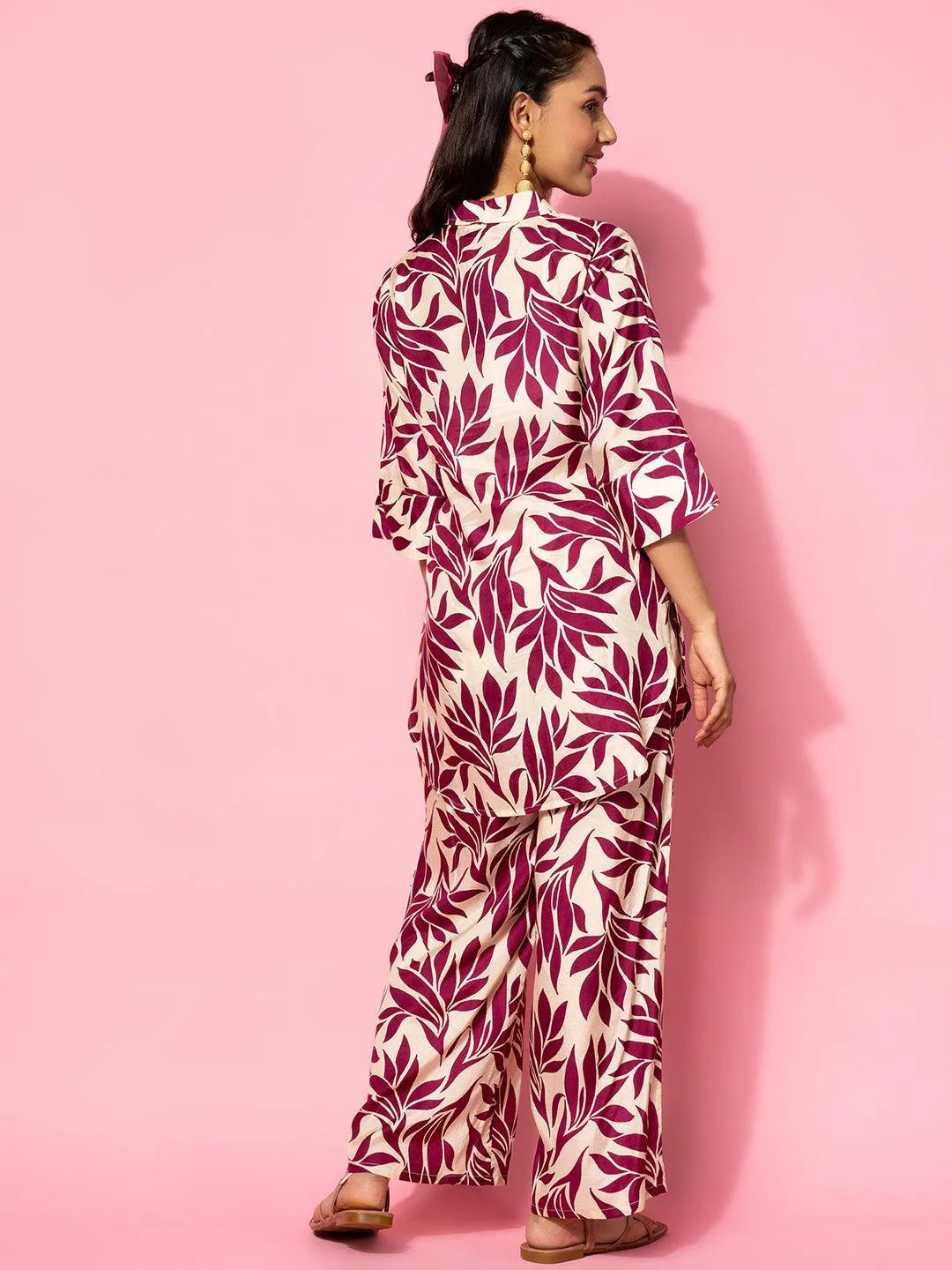 Beige Printed Silk Blend Co-Ords - Libas 