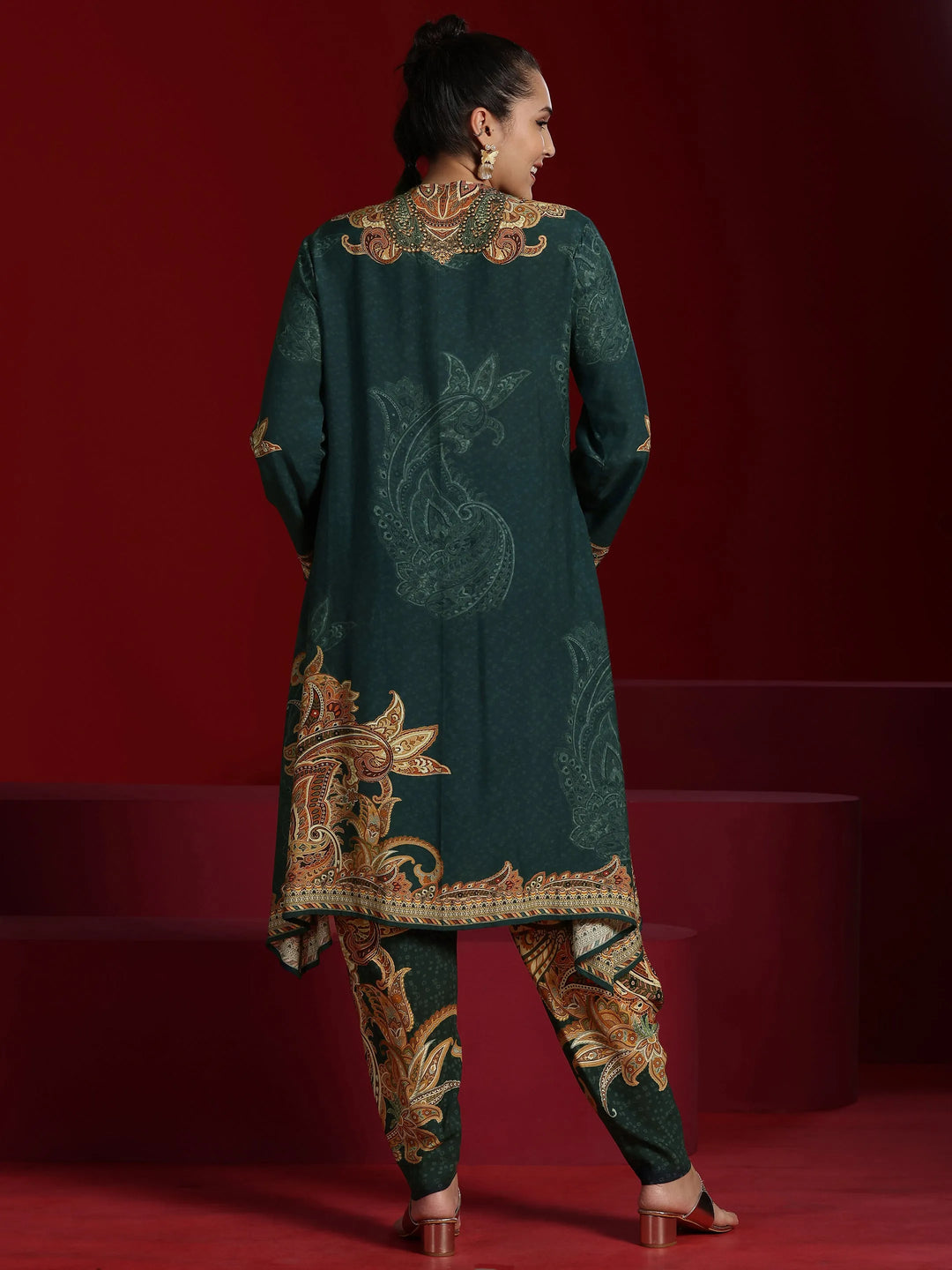  Libas Art Green Printed Silk Blend A-line Kurta With Dhoti Pants 