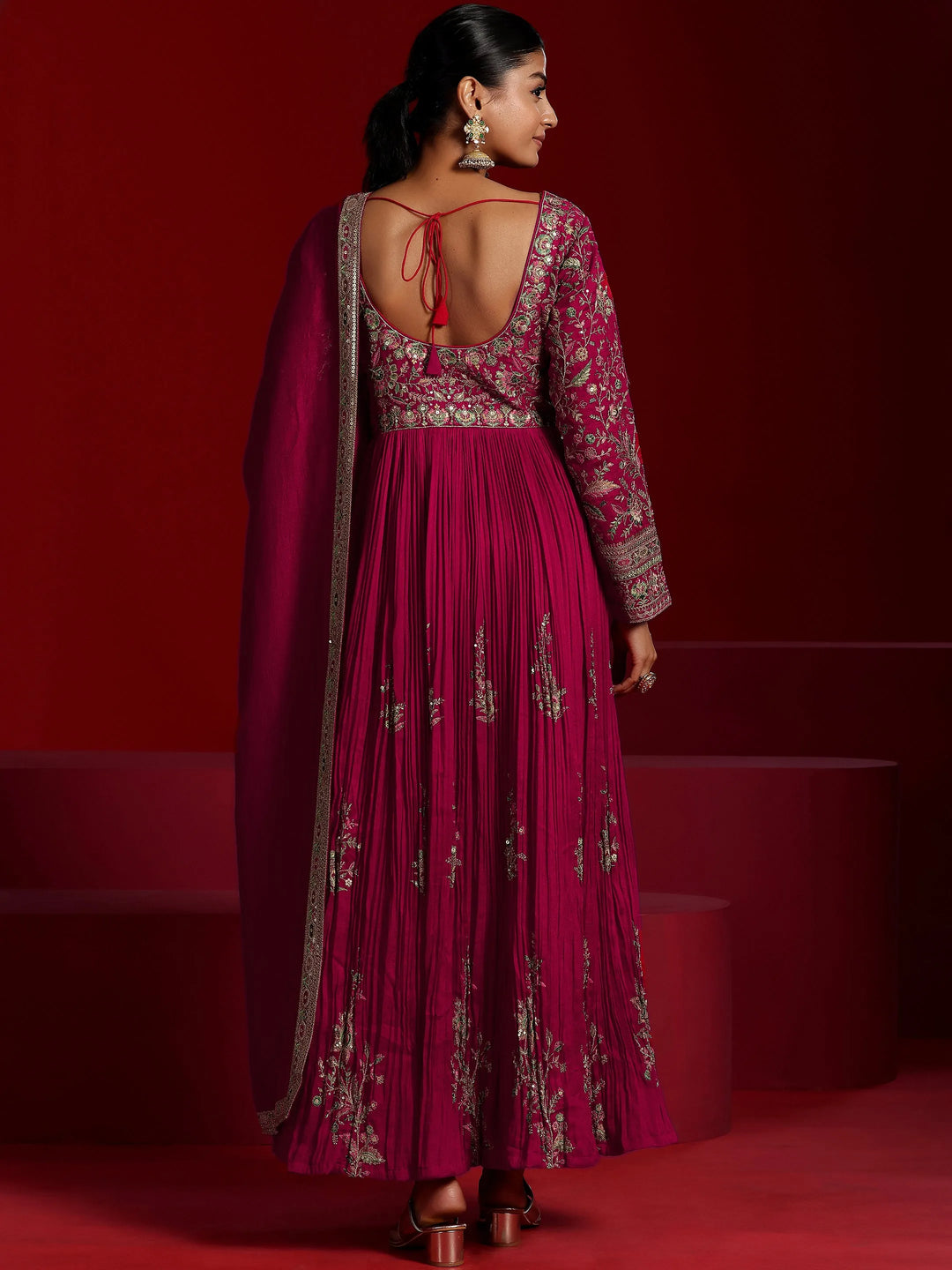  Libas Art Pink Embroidered Silk Blend A-Line Kurta With Trousers & Dupatta 