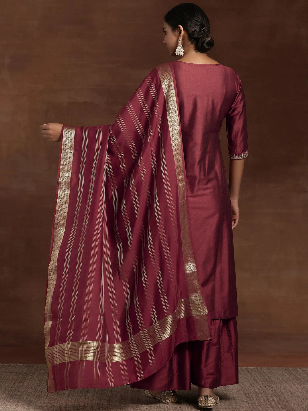 Rust Yoke Design Silk Blend Straight Suit With Dupatta - Libas 