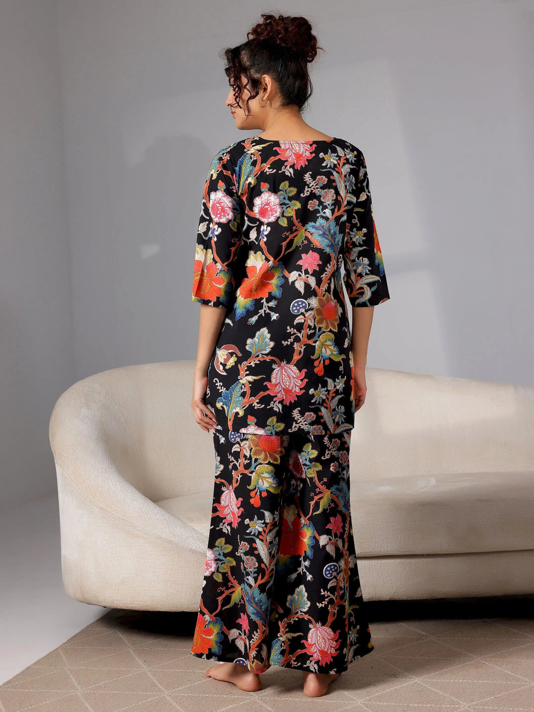 Black Printed Cotton Night Suits - Libas 