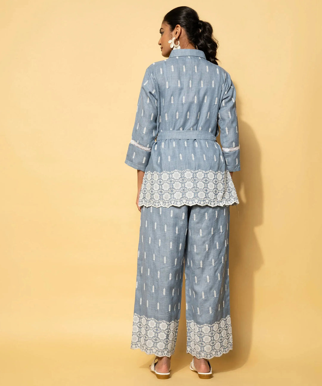  Blue Embroidered Cotton Blend Co-Ords 
