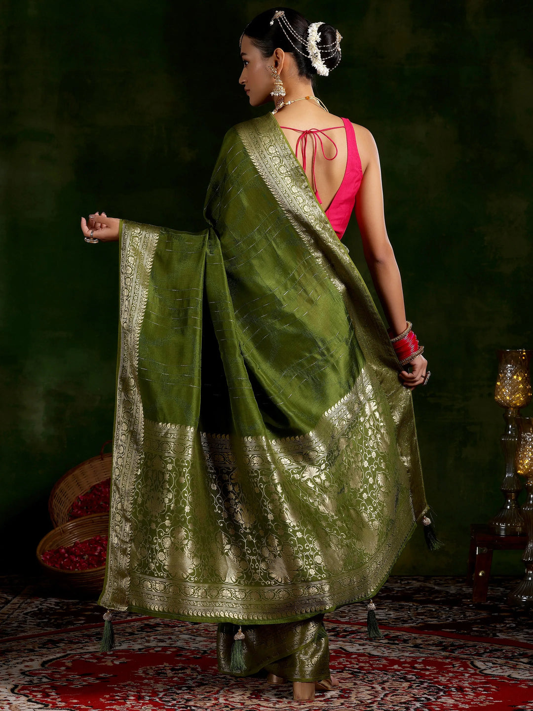  Olive Green Woven Design Silk Blend Saree With Unstitched Blouse Piece 