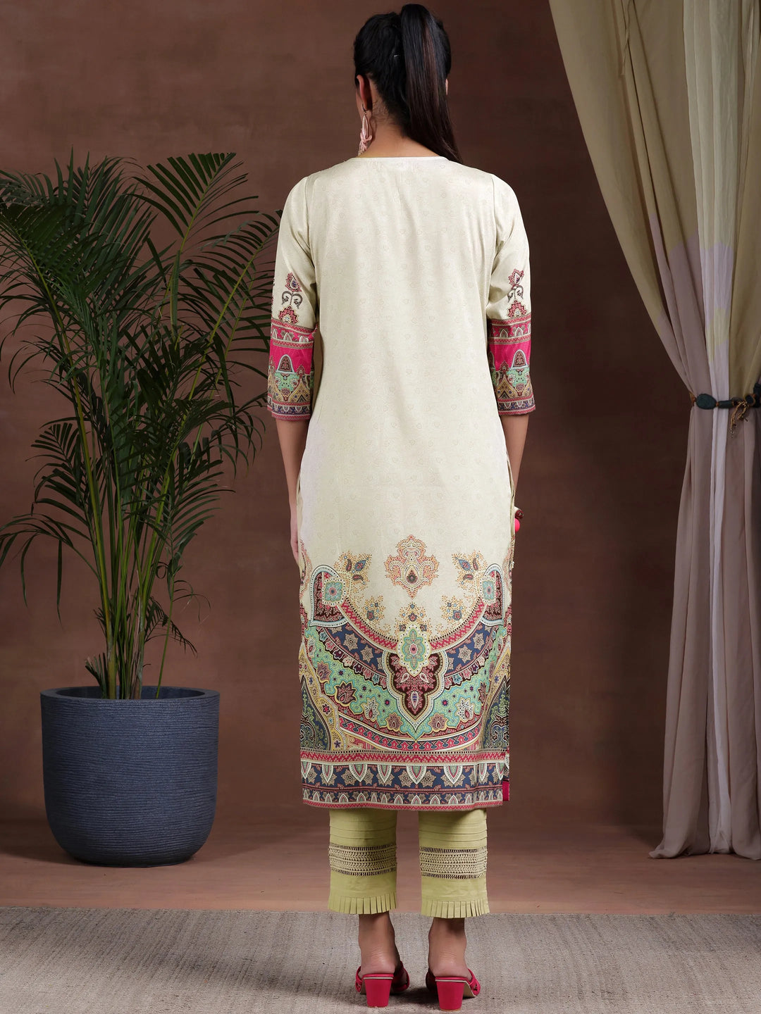  Beige Printed Crepe Straight Kurta 