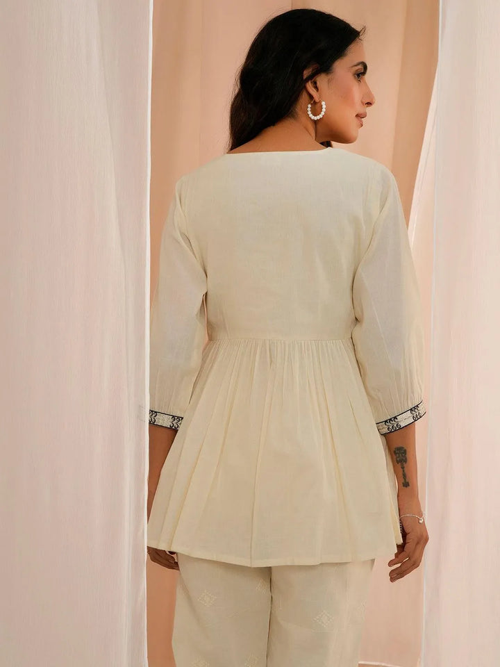 Off White Yoke Design Cotton A-Line Kurti - Libas