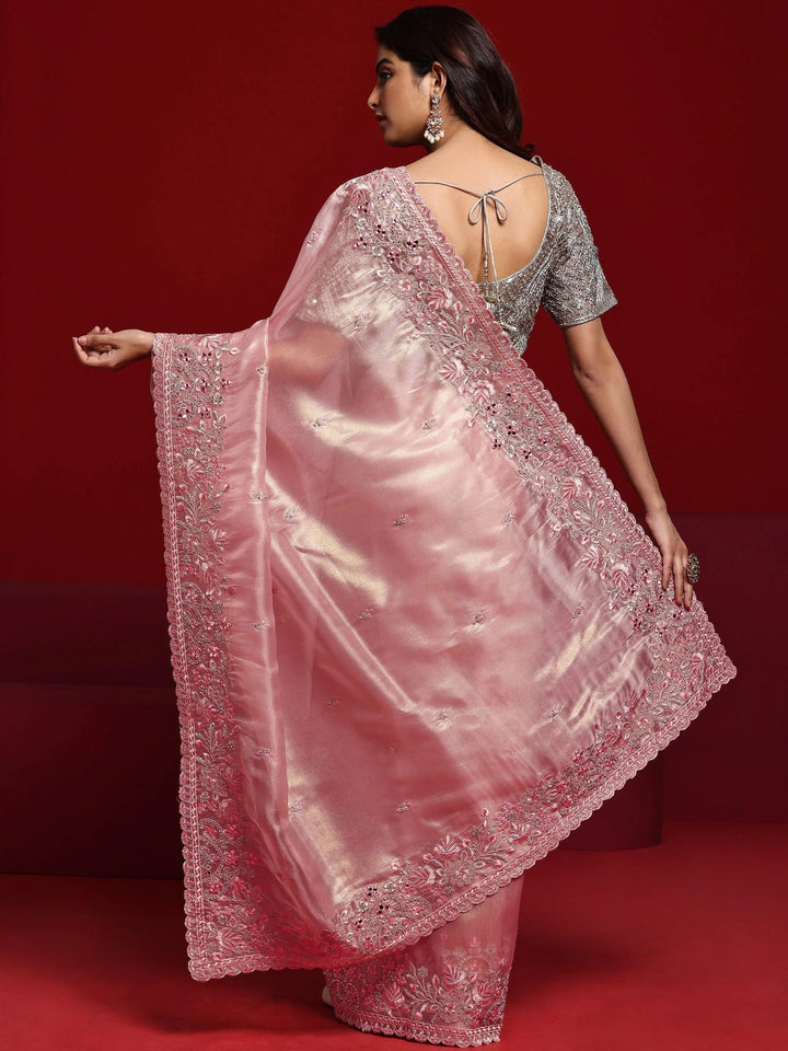Libas Art Pink Embroidered Silk Blend Saree With Unstitched Blouse Piece - Libas