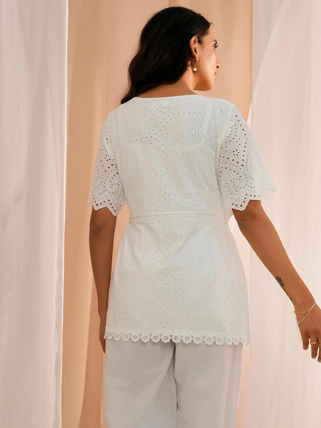 White Cotton Straight Kurti - Libas 