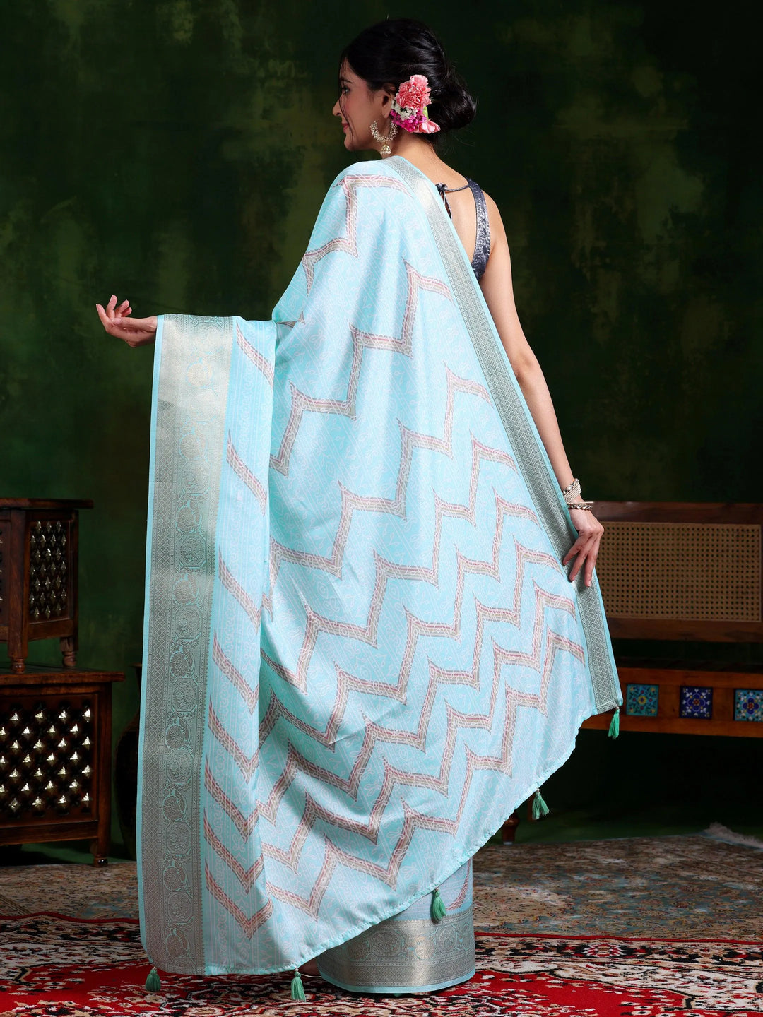 Blue Printed Silk Blend Saree With Unstitched Blouse Piece - Libas 