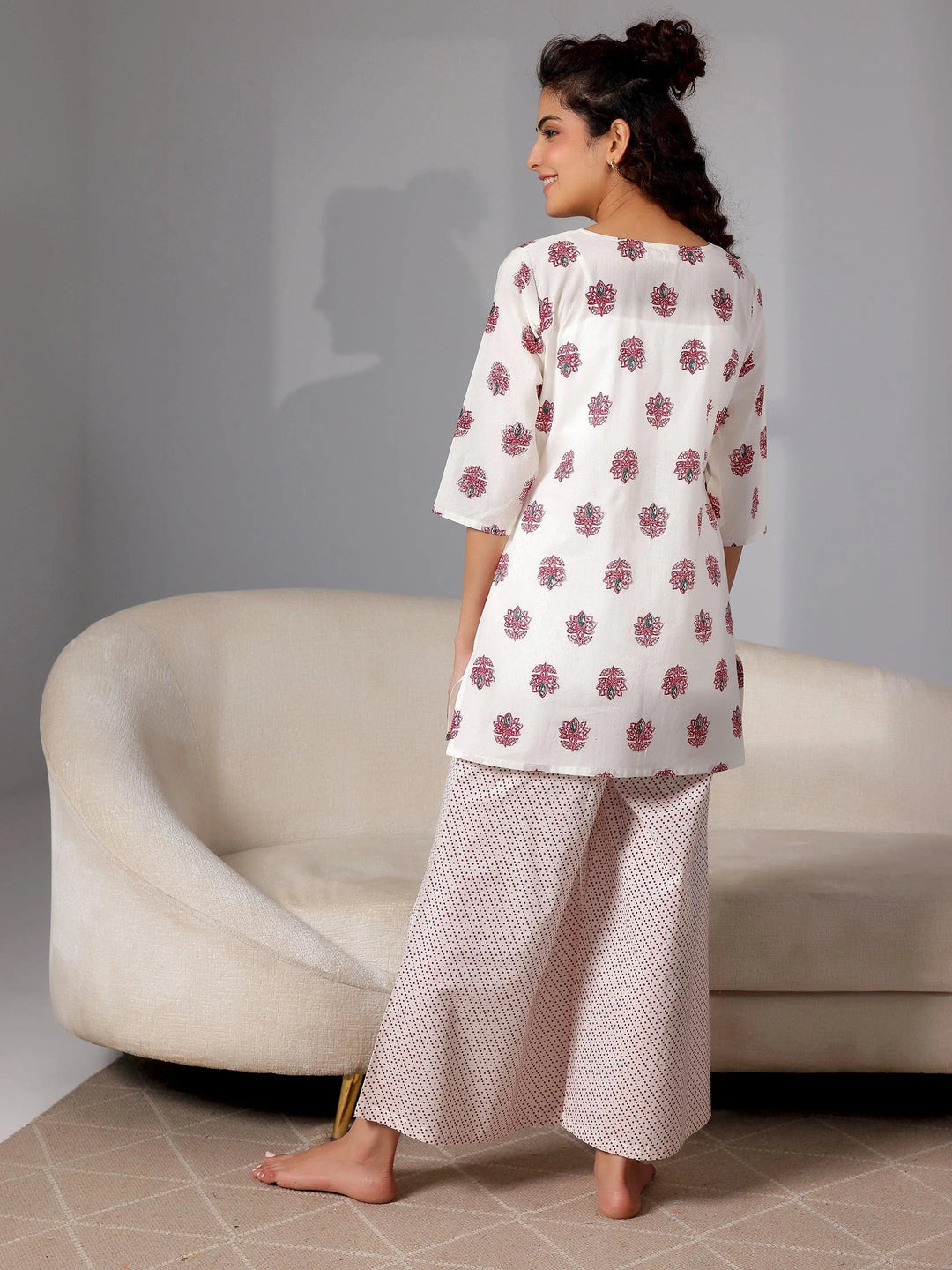 Cream Printed Cotton Night Suits - Libas 