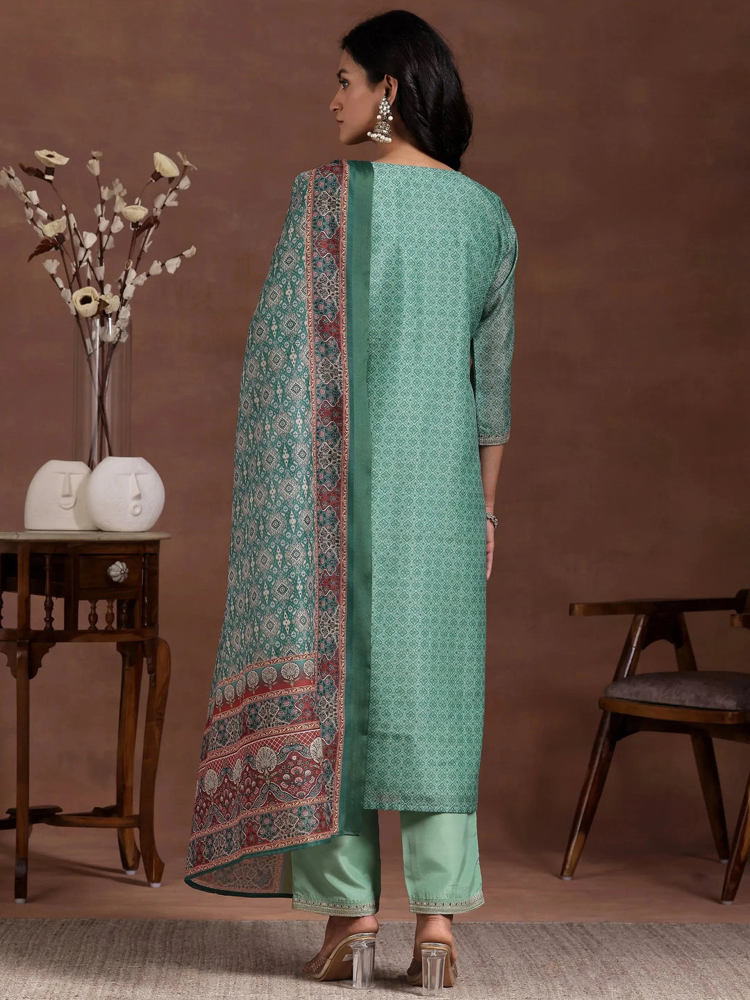  Green Printed Silk Blend Straight Suit With Dupatta 