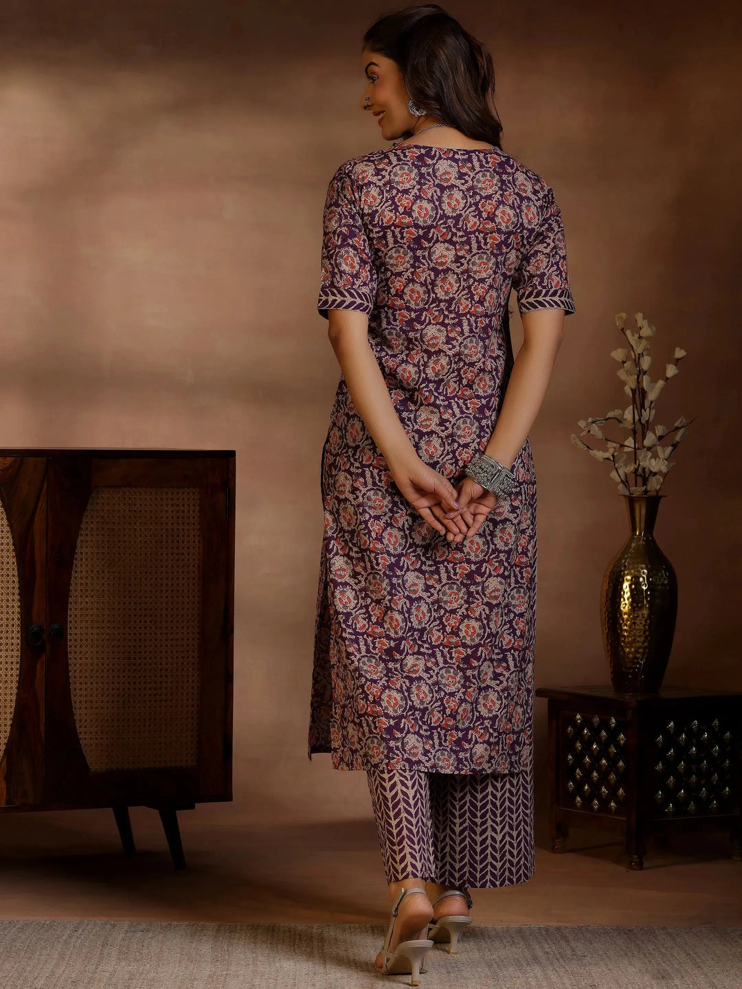  Purple Printed Cotton Straight Kurta Set 