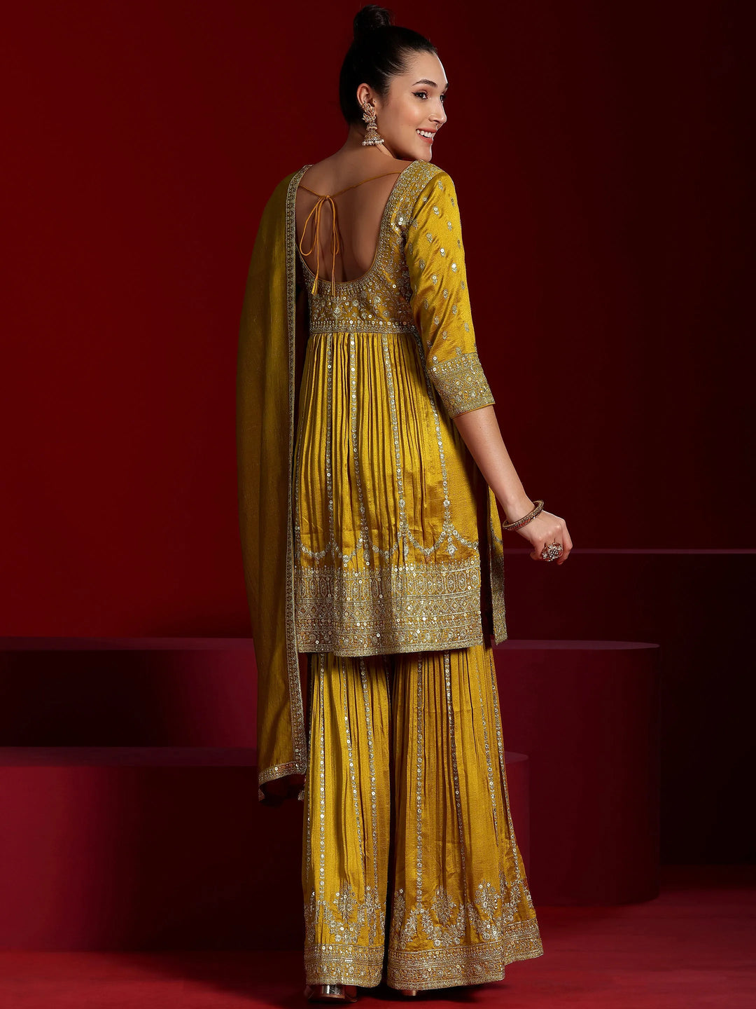  Libas Art Mustard Embroidered Silk Blend Straight Suit With Dupatta 