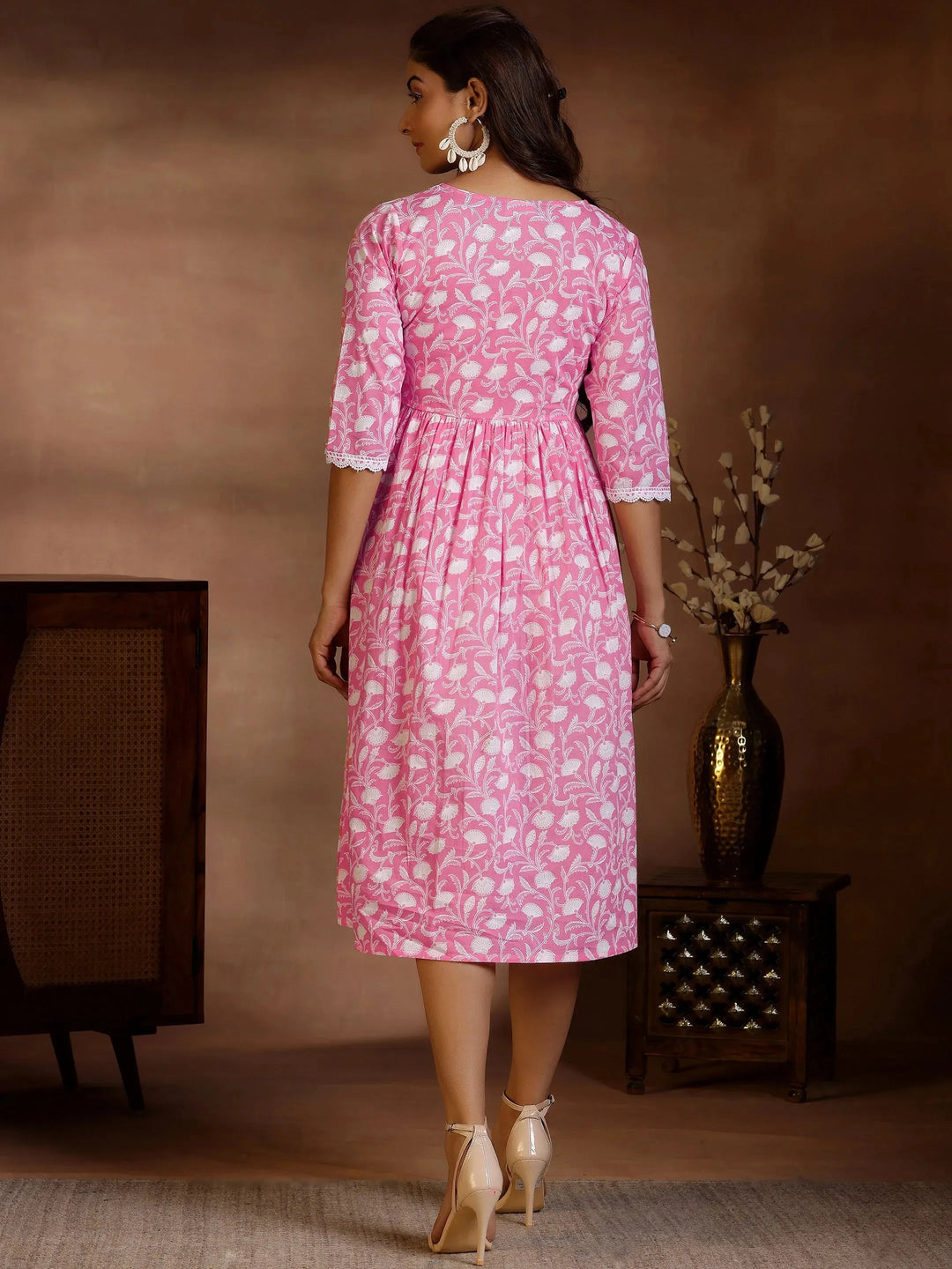  Pink Printed Cotton Fit and Flare Dress 