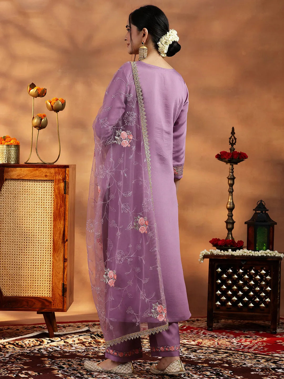  Lavender Yoke Design Silk Blend Straight Suit With Dupatta 