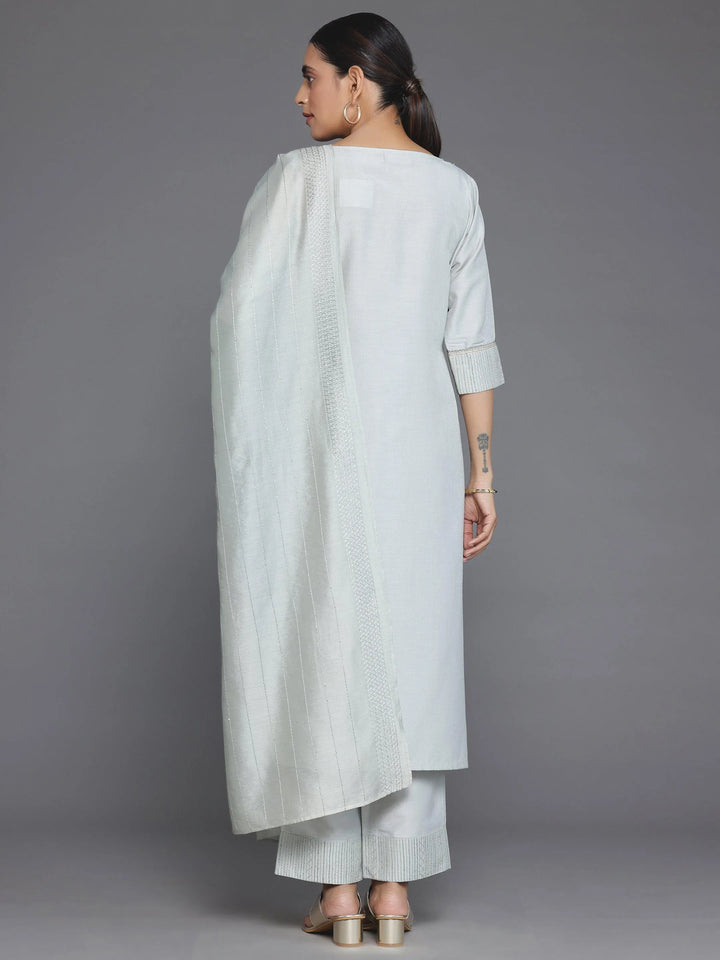 Grey Self Design Silk Blend Straight Suit With Dupatta - Libas