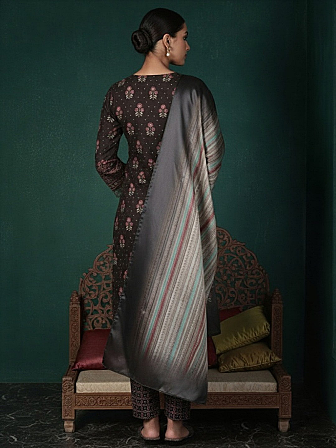  Charcoal Printed Silk Blend Straight Kurta With Dupatta 