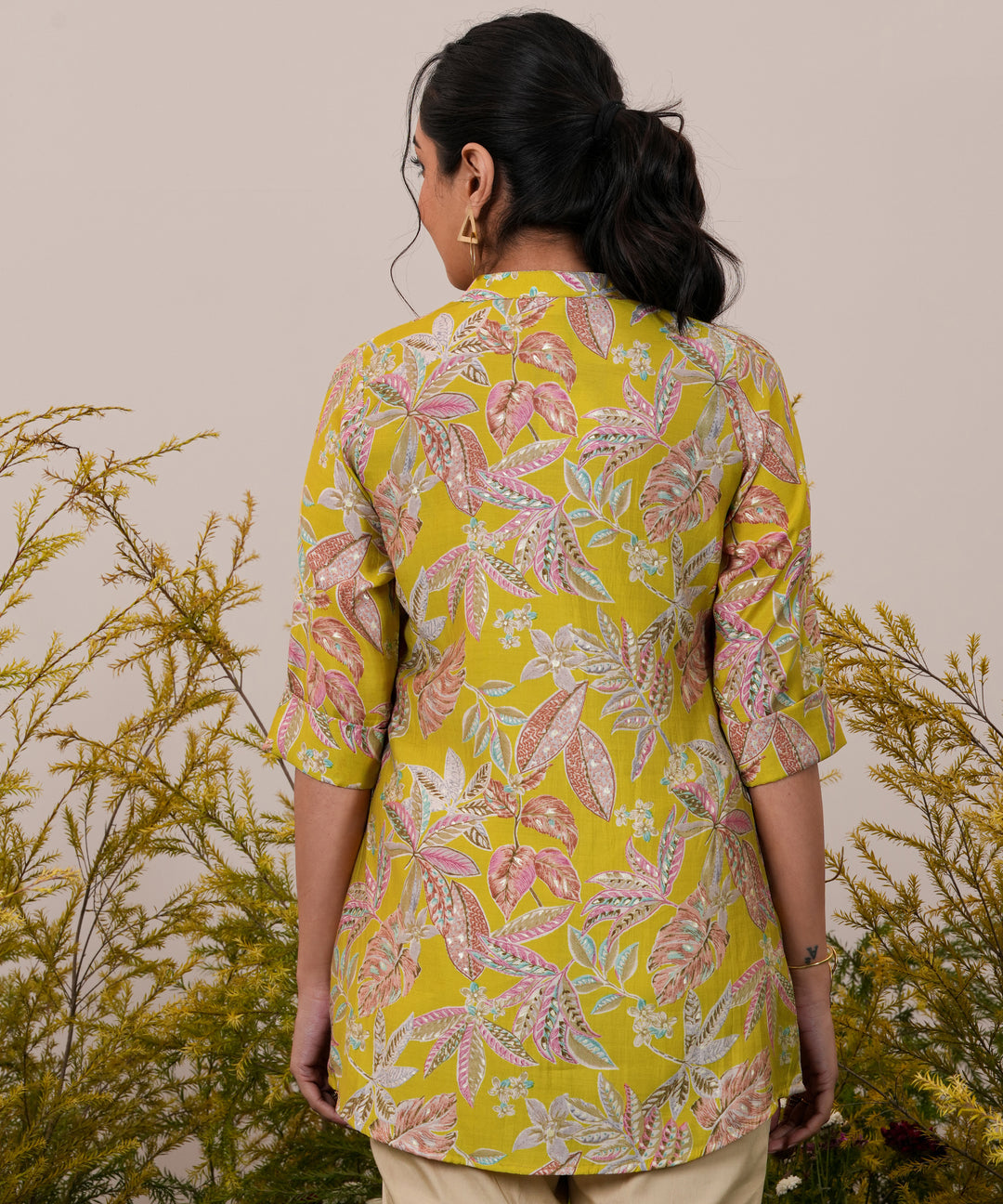  Yellow Printed Silk Blend A-Line Kurti 