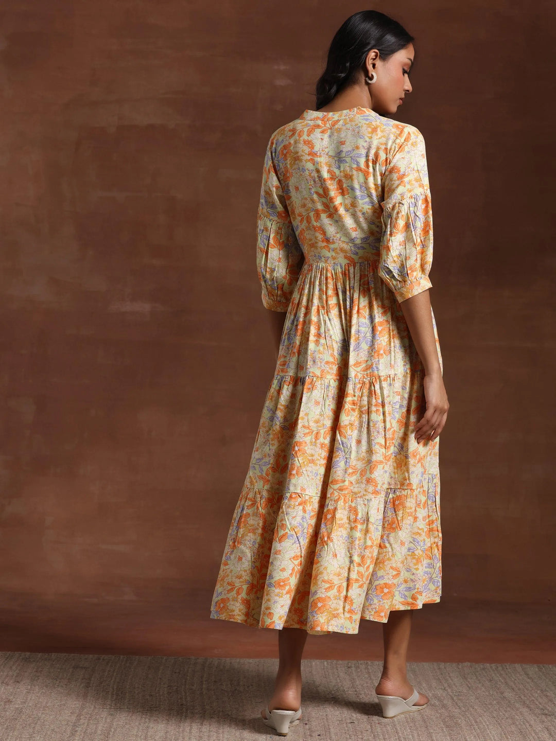 Yellow Printed Rayon Fit and Flare Dress - Libas 